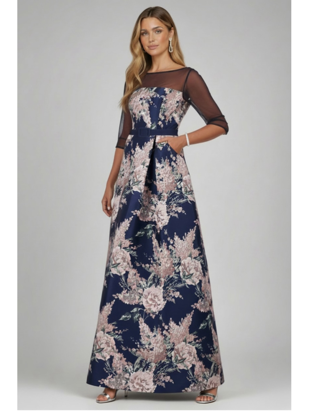NWT KAY UNGER Heather Navy Floral Belted Pocket Lined Gown Dress Size 8 - Picture 2 of 6